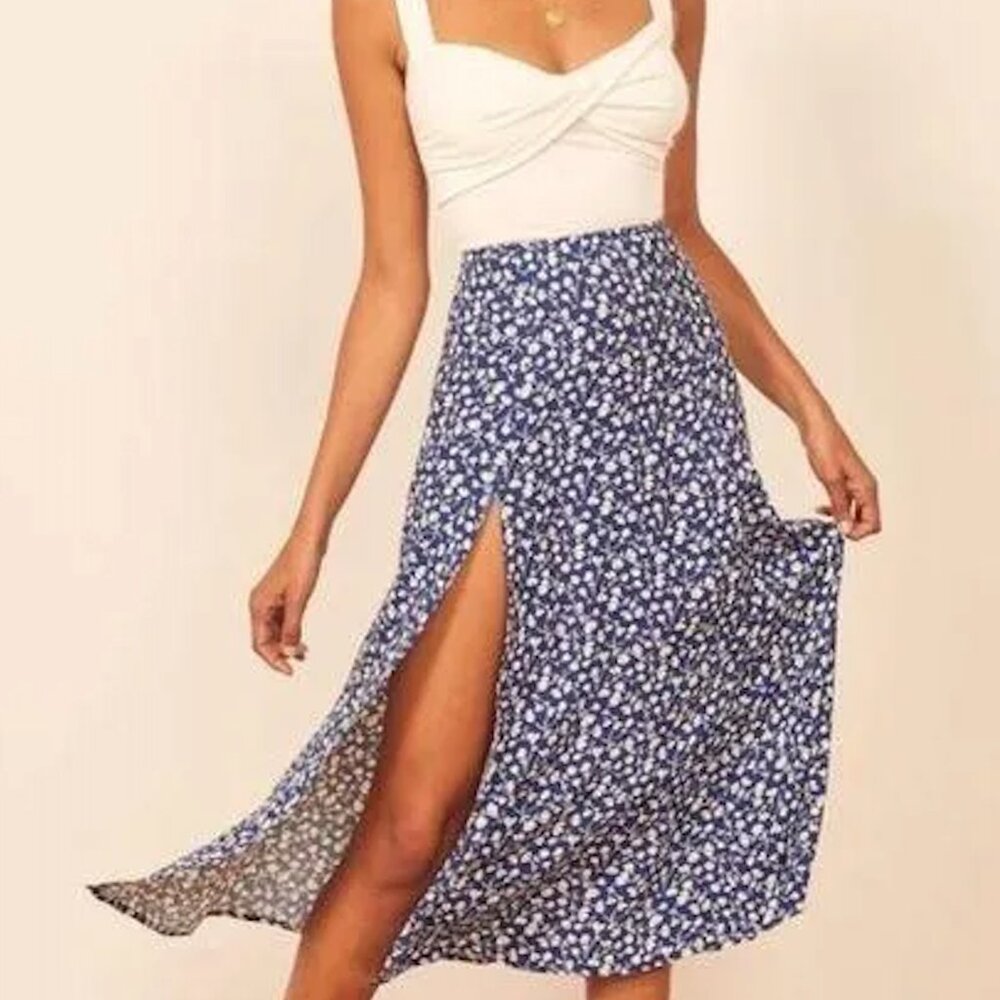 Reformation Blue Floral Zoe A Line Maxi Skirt w Thigh Slit